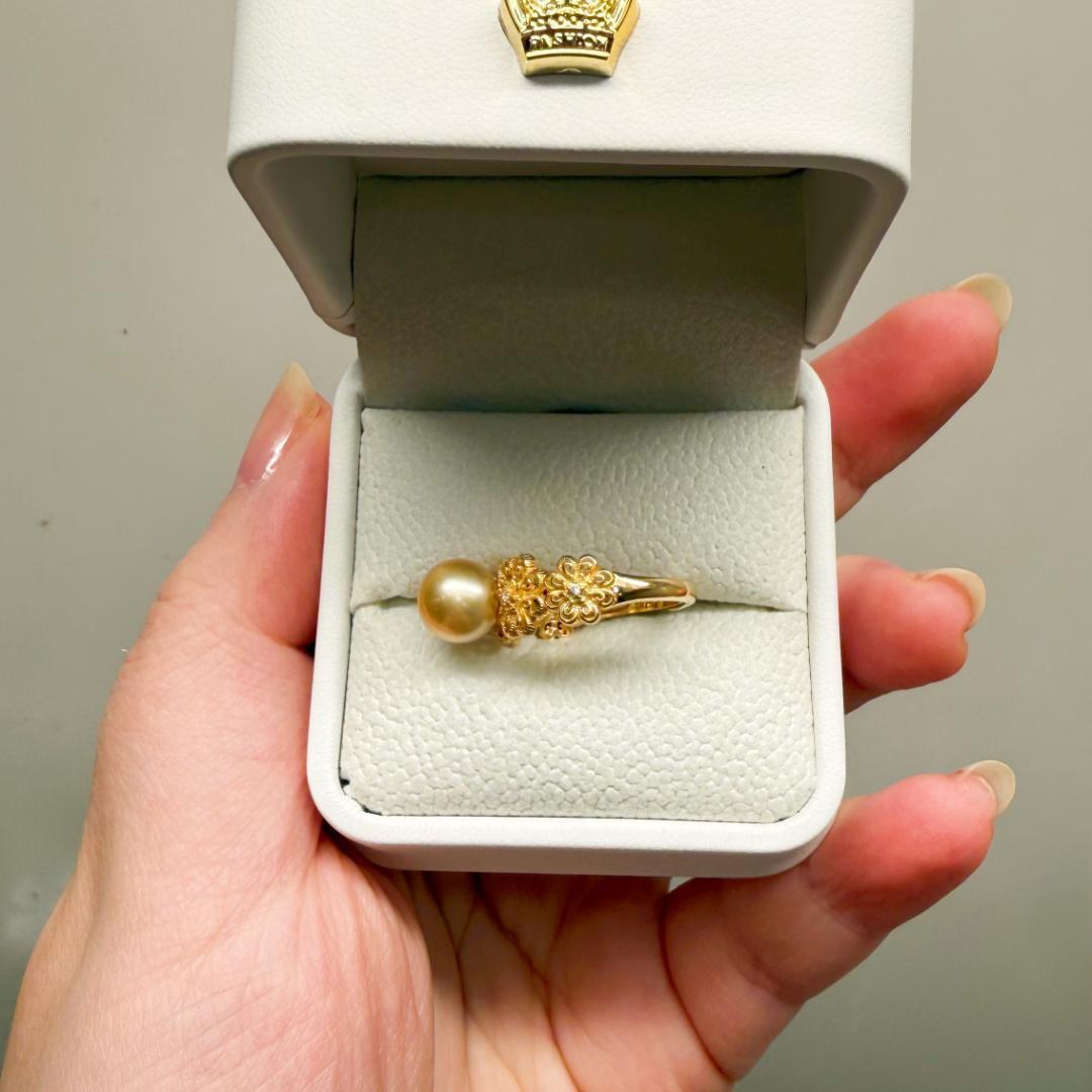 【極上テリ】南洋ゴールドパール 8.2mm 蕾絲雛菊リング 純金999鍍金一點物