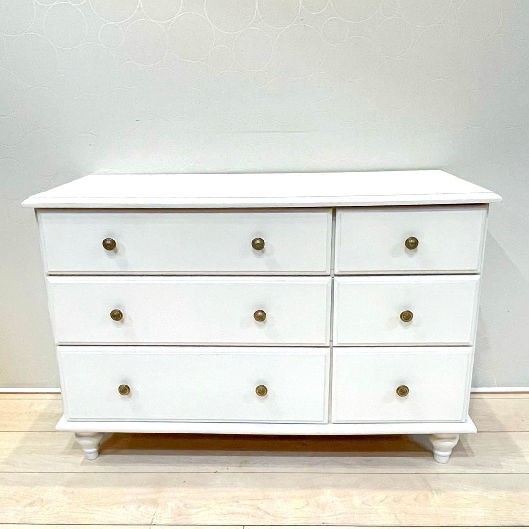 【美品】姫系 ローチェスト 白家具 引き出し収納 6杯 ろくろ脚 幅88㎝