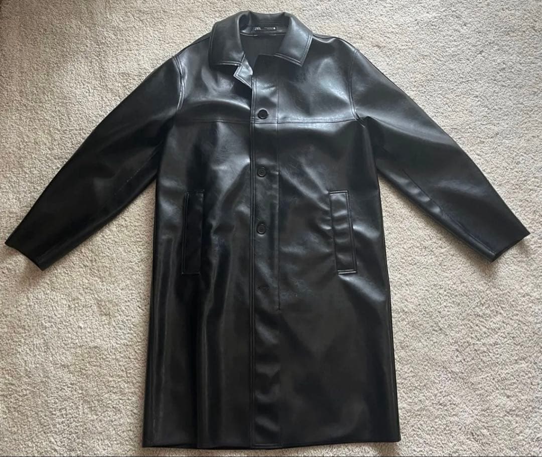 【ZARA】フェイクレザーロングコート ブラック M 廃盤品