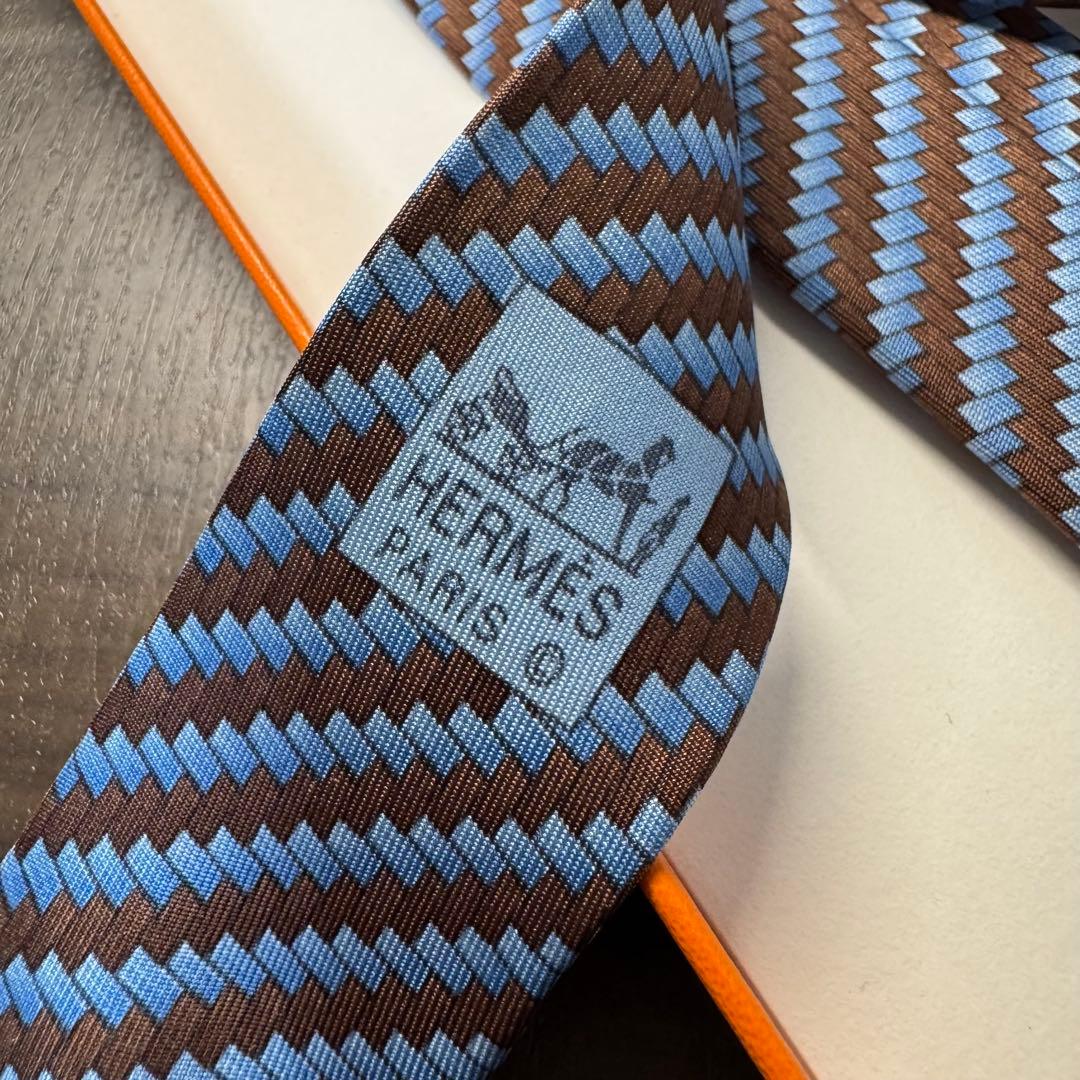 未使用 HERMES エルメス ヘリンボーンブロックパターン ネクタイ 隠れH柄