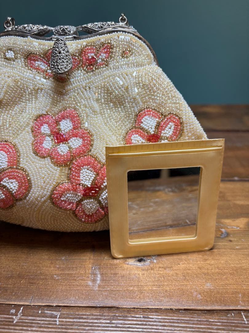 昭和レトロ がま口 ビーズ刺繍 花柄 ハンドバッグ 鏡付き　ビーズバック