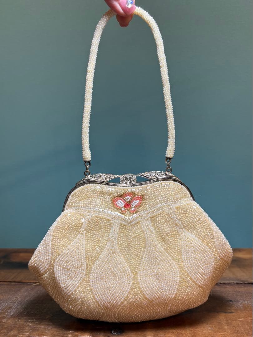 昭和レトロ がま口 ビーズ刺繍 花柄 ハンドバッグ 鏡付き　ビーズバック
