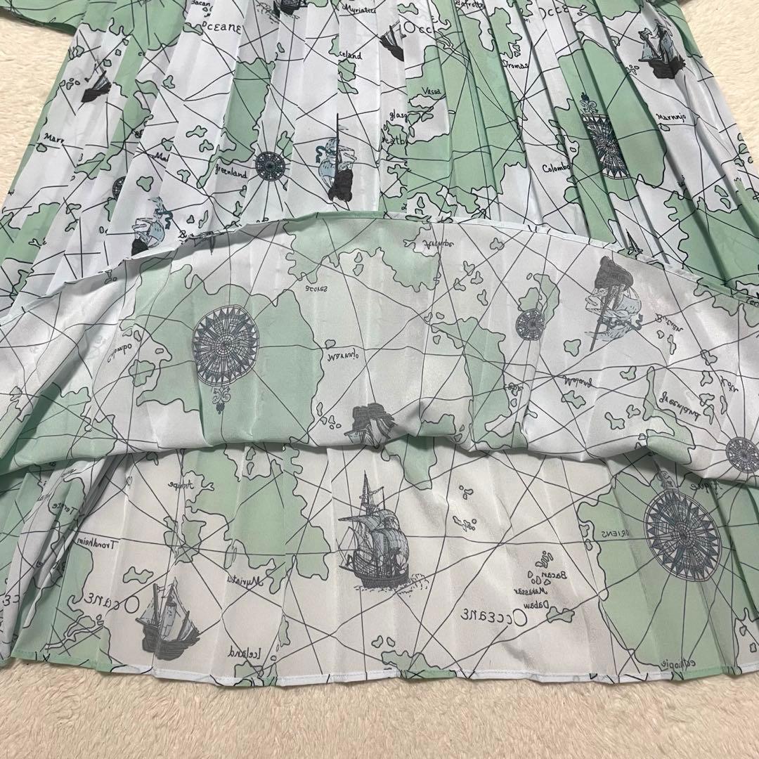 極美品✨ダイアグラム　マッププリントシャツワンピース　グリーン　ベルト付き　38