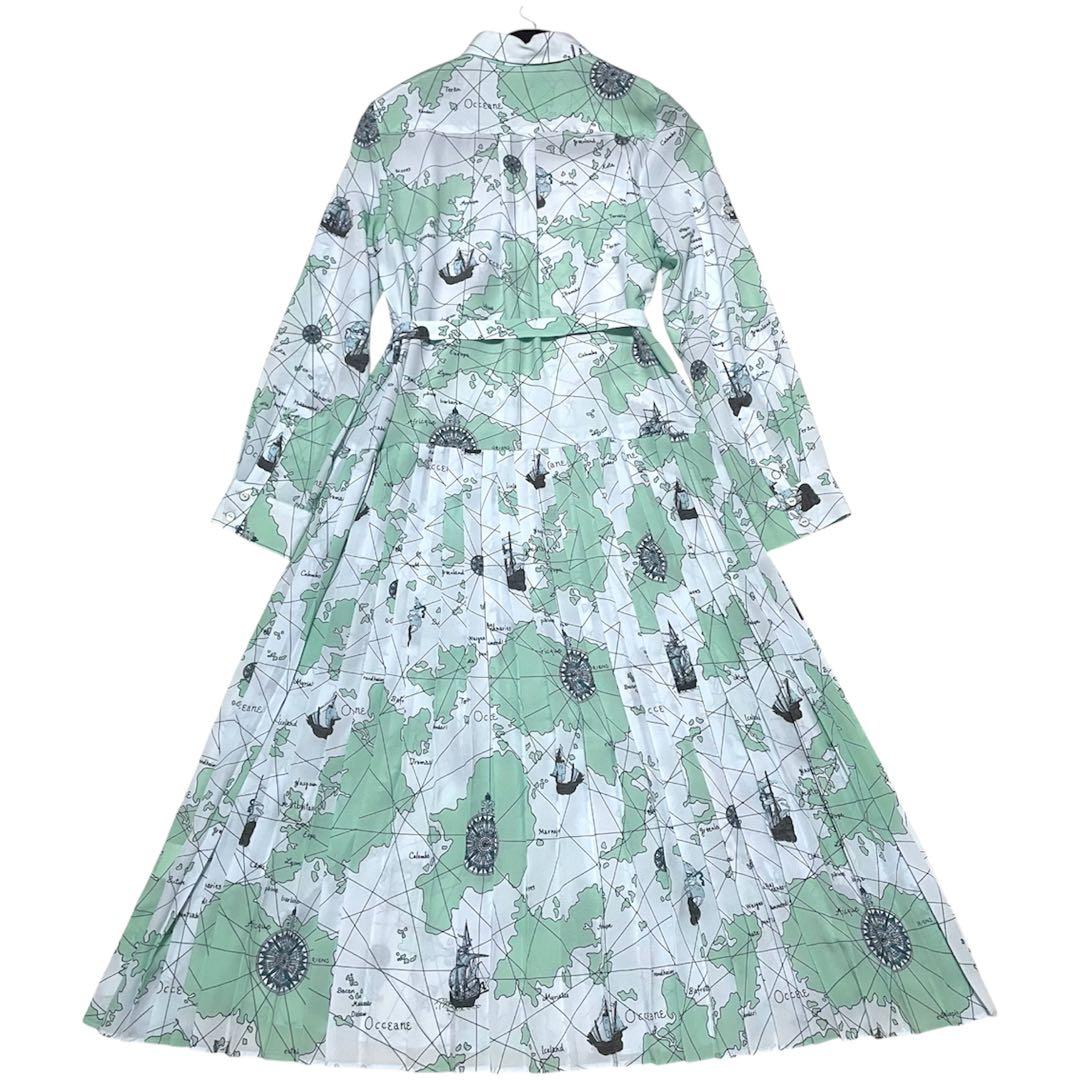 極美品✨ダイアグラム　マッププリントシャツワンピース　グリーン　ベルト付き　38