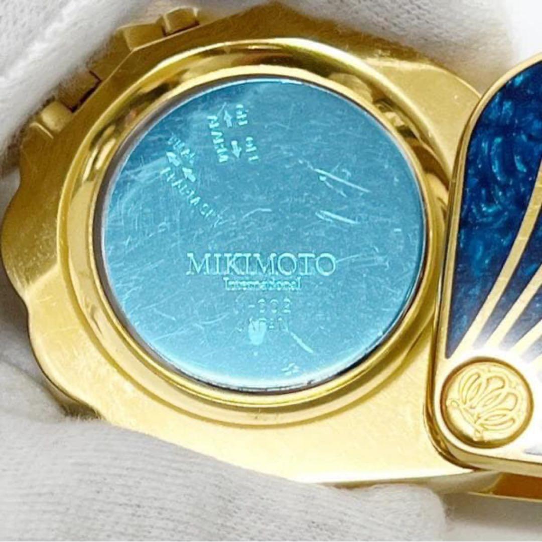 【美品】◆MiKIMOTO◆ミキモト 手持ち時計 ブルー ゴールド 真珠付 貝型