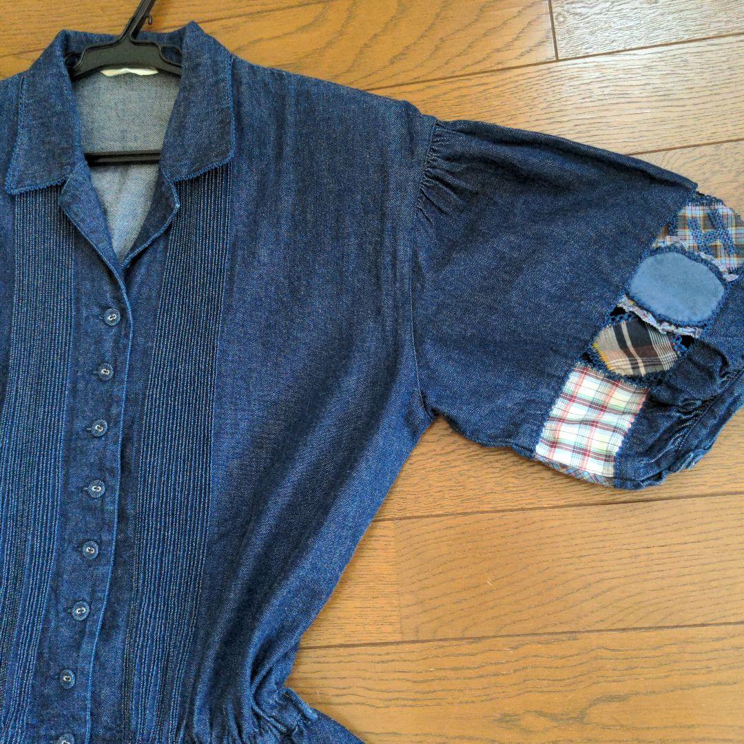 ピンクハウス　クマとロゴの刺繍入りパッチワークデニムワンピース　カネコイサオ