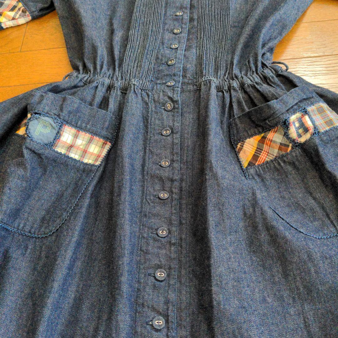 ピンクハウス　クマとロゴの刺繍入りパッチワークデニムワンピース　カネコイサオ