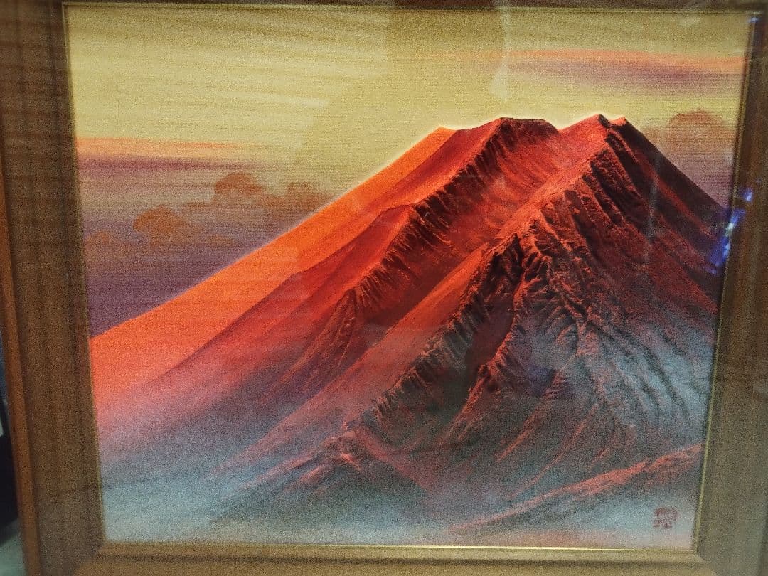 富士山 日本画 木製フレーム立体赤富士　百瀬善明