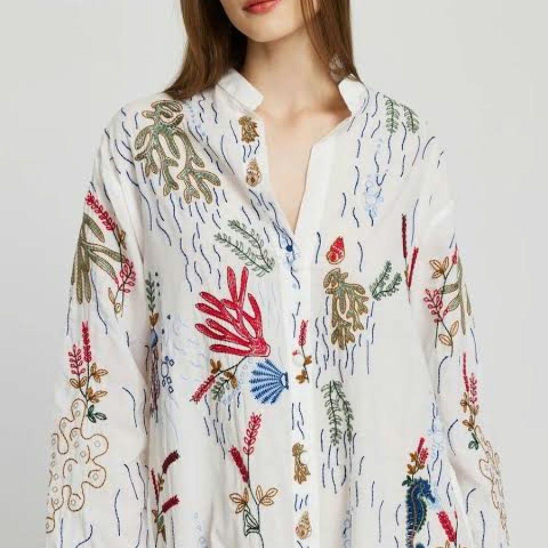 ZARA 海モチーフ刺繍ロングシャツワンピース チャイナボタン スリット 白