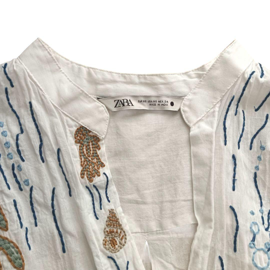 ZARA 海モチーフ刺繍ロングシャツワンピース チャイナボタン スリット 白