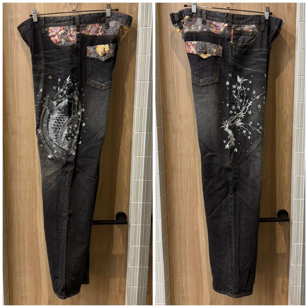 【専用です】雅結 和柄 着物柄 切替 桜 登り鯉 刺繍 デニムパンツ古着屋購入