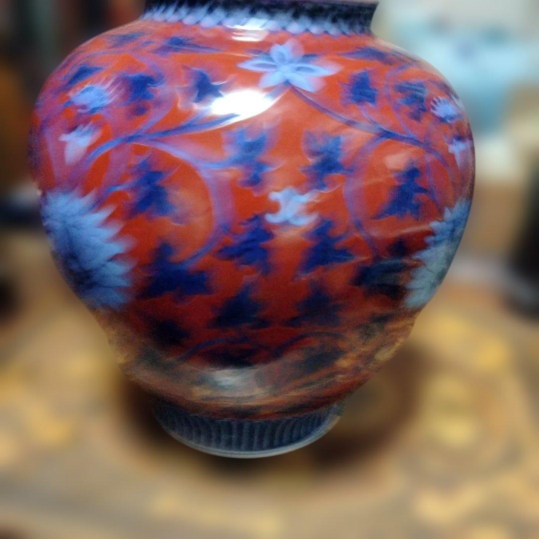 香蘭社製赤青花柄陶器花瓶箱付き