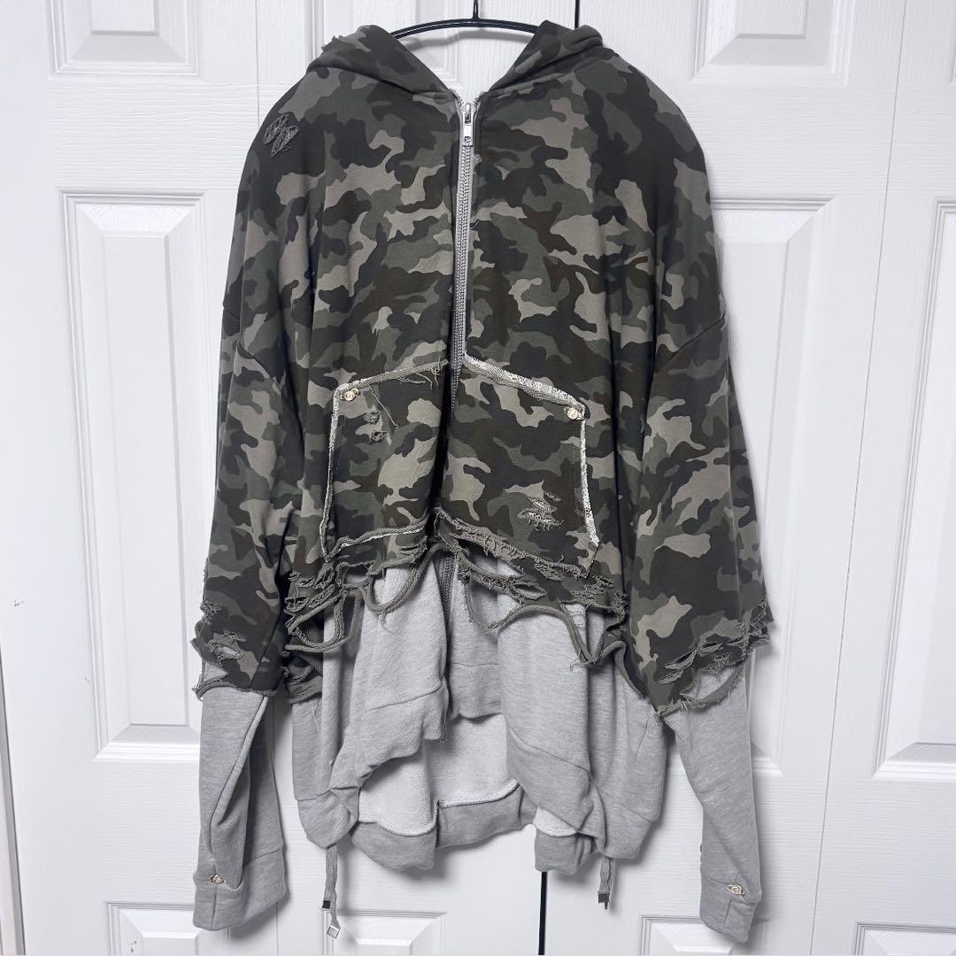 neith. Layered Crush Hoodie(Camo×Gray)