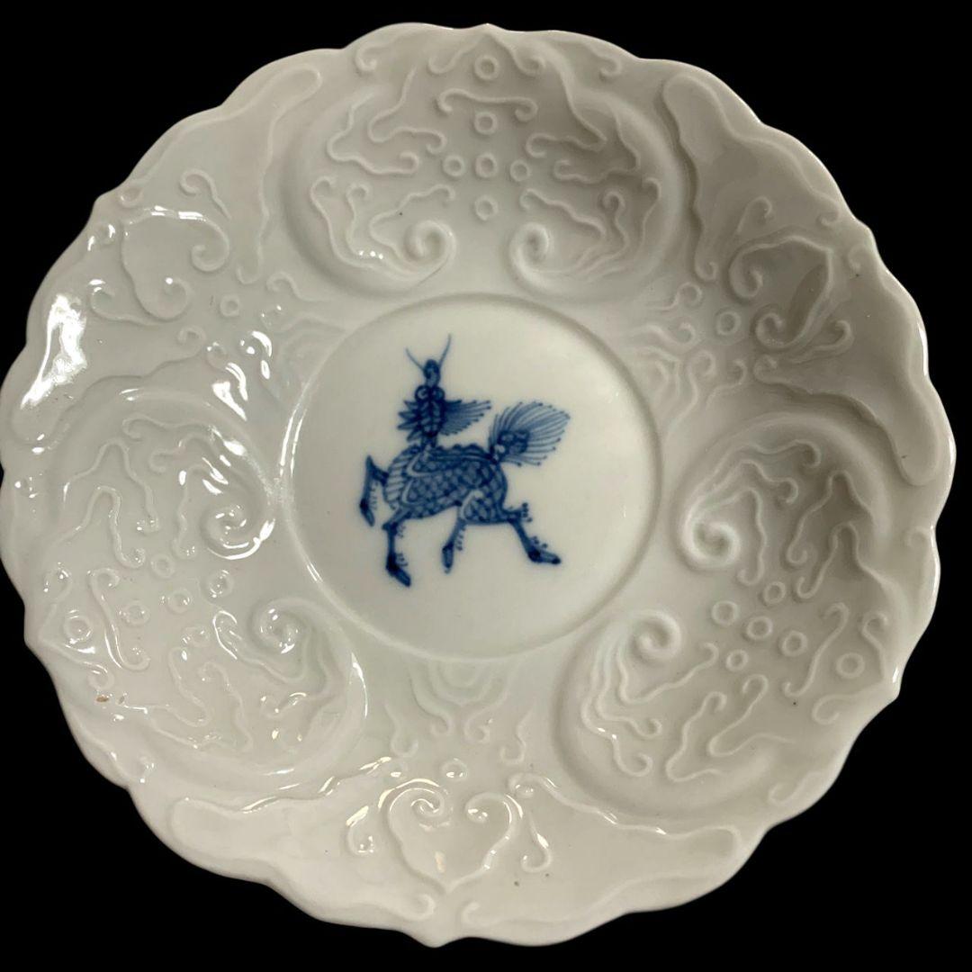 古伊万里 陽刻 染付 麒麟文 白磁 小皿 5客 向付 和食器 約12.3cm