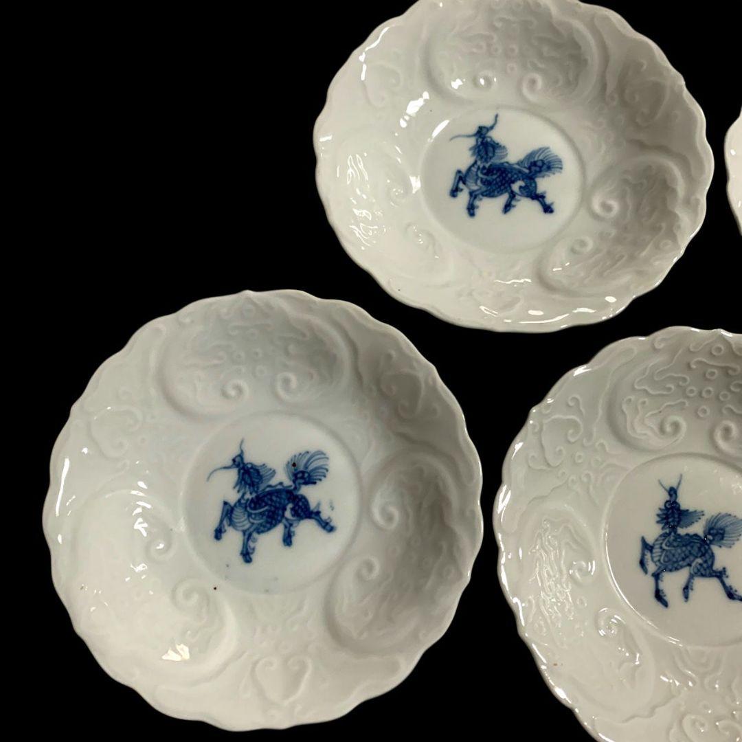 古伊万里 陽刻 染付 麒麟文 白磁 小皿 5客 向付 和食器 約12.3cm