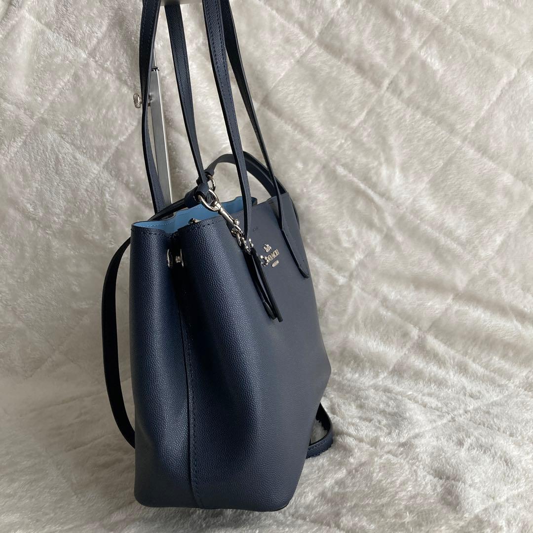 新品同様COACH 2wayトートバッグ　ネイビー系　レザー　91490