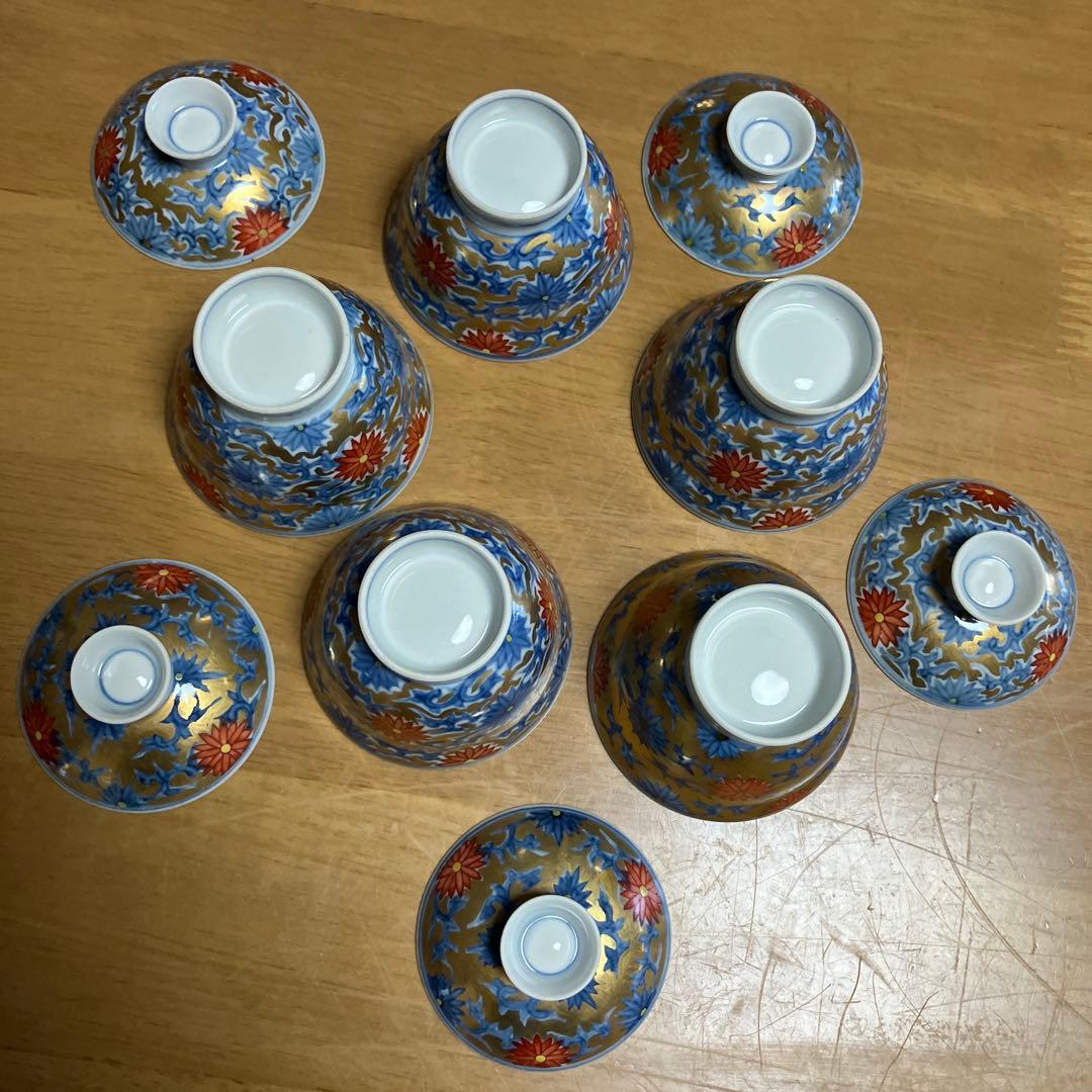 蓋付き小鉢５客 その３（有田焼　華古伊万里様式　菊唐草文様　薄作り）