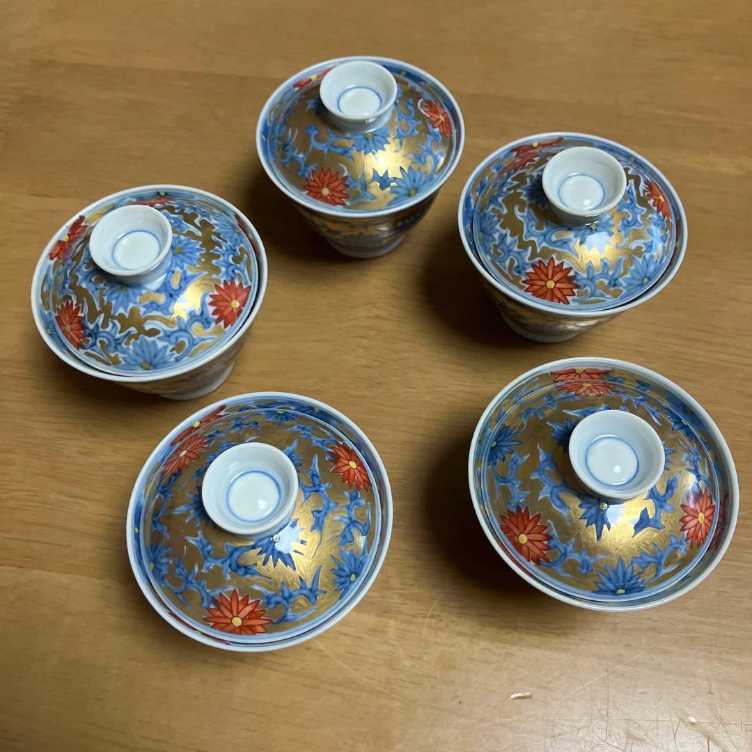 蓋付き小鉢５客 その３（有田焼　華古伊万里様式　菊唐草文様　薄作り）