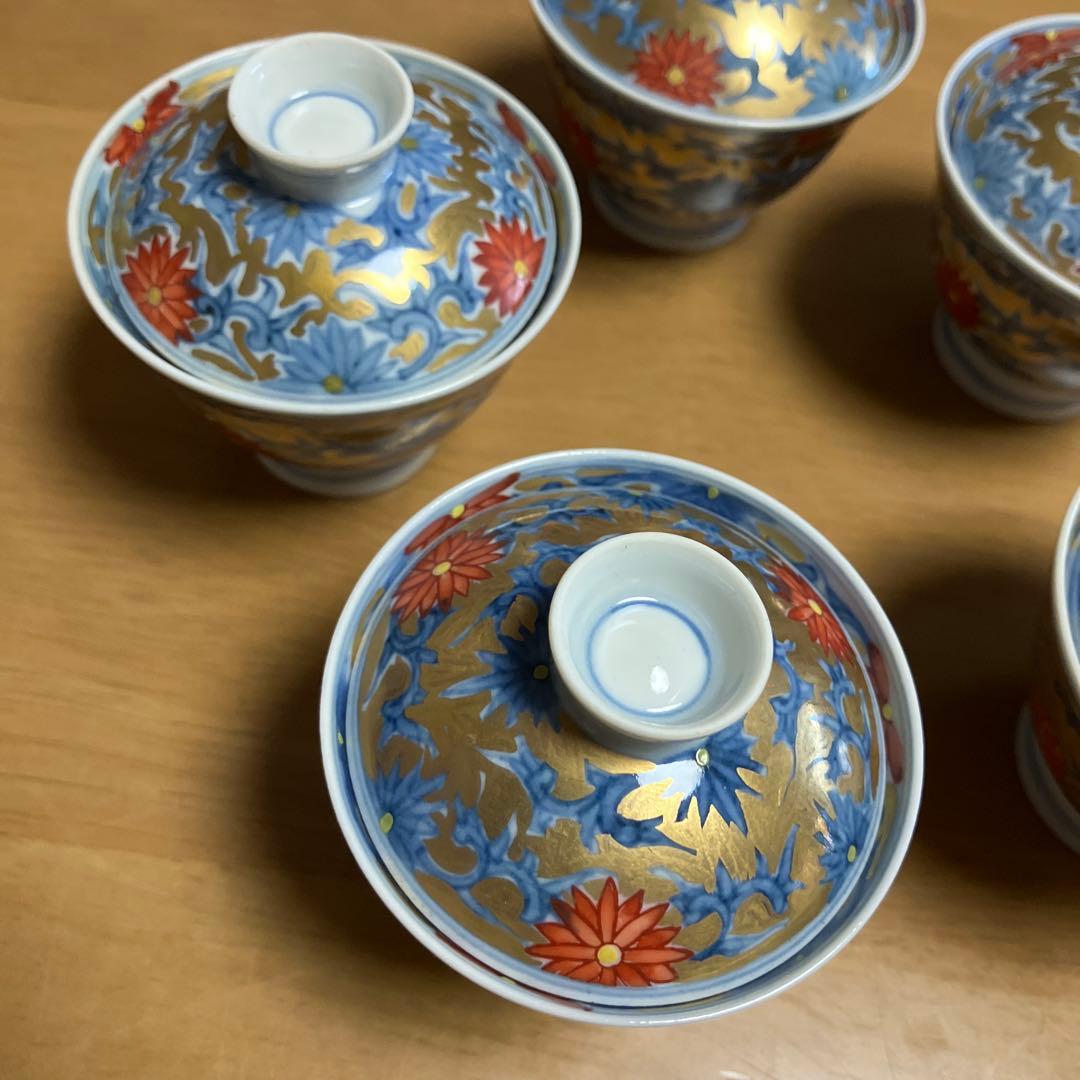 蓋付き小鉢５客 その３（有田焼　華古伊万里様式　菊唐草文様　薄作り）