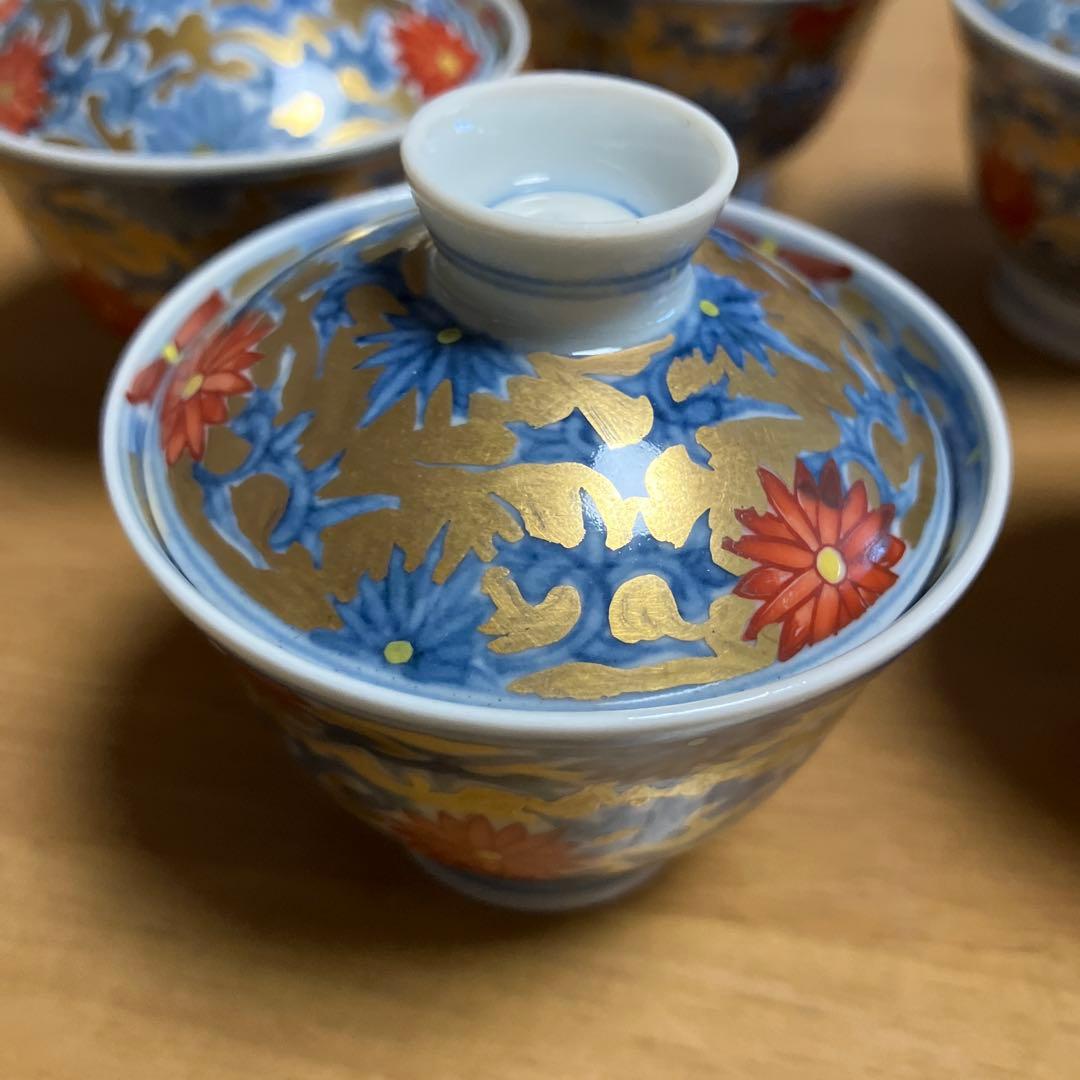 蓋付き小鉢５客 その３（有田焼　華古伊万里様式　菊唐草文様　薄作り）