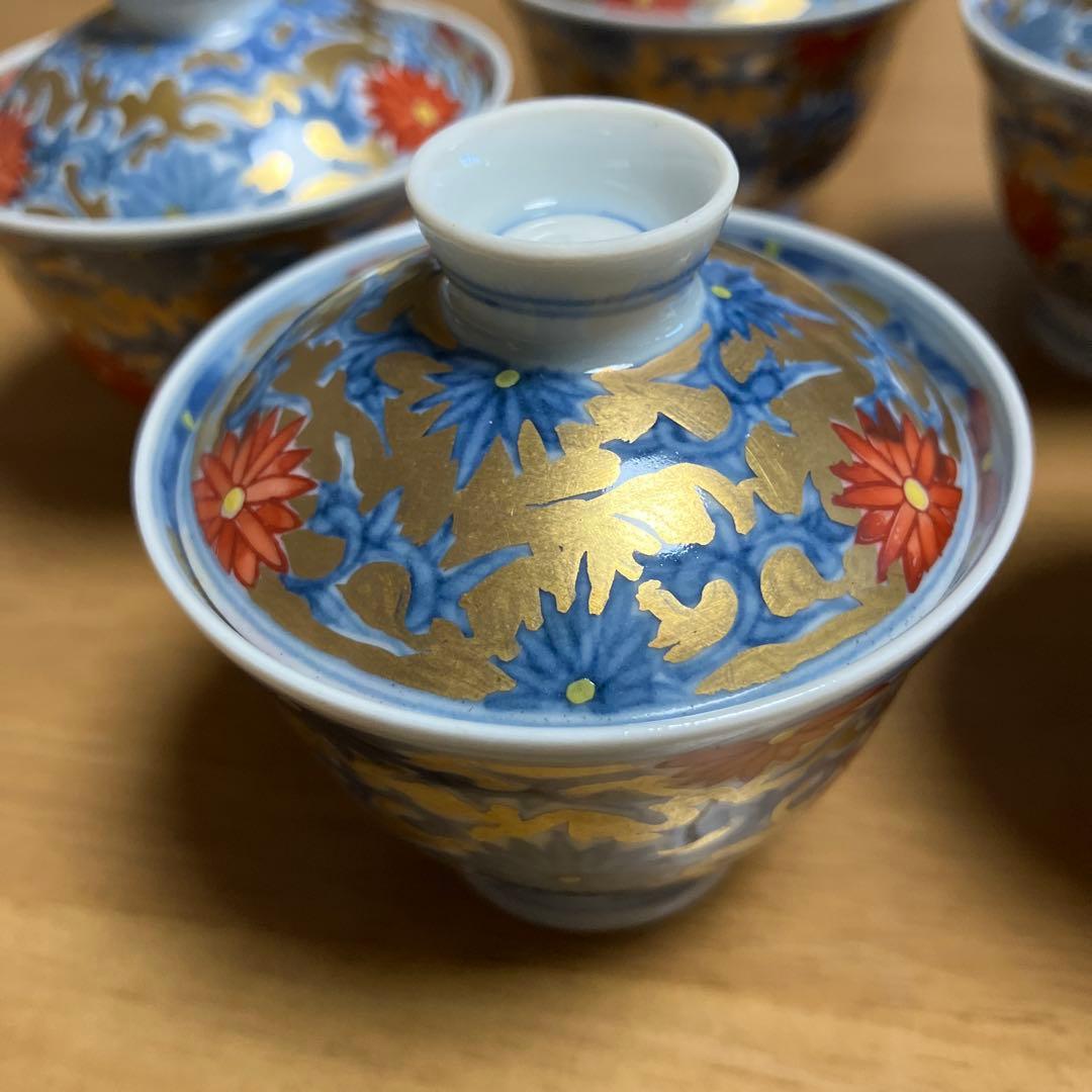 蓋付き小鉢５客 その３（有田焼　華古伊万里様式　菊唐草文様　薄作り）