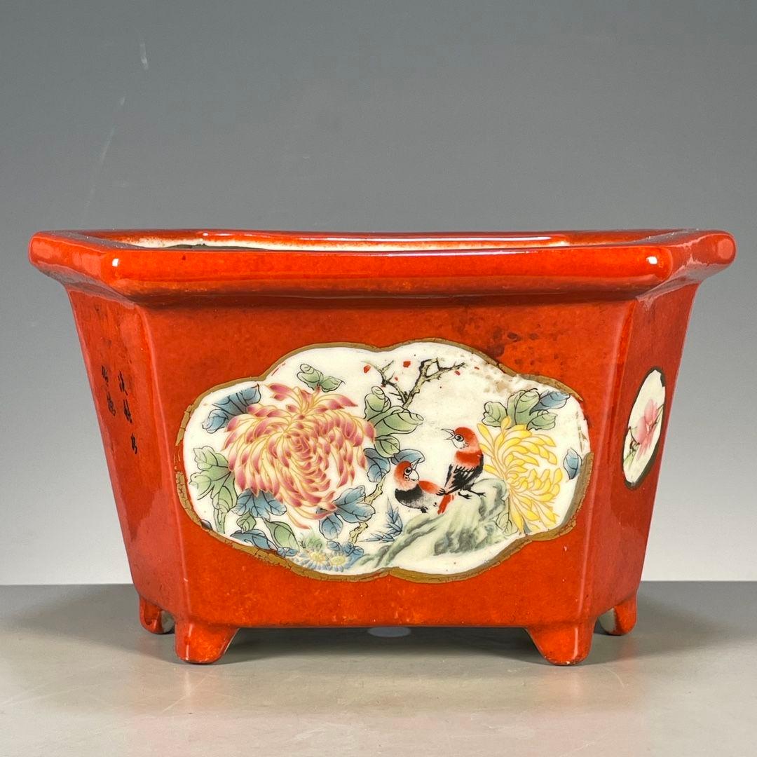 花鳥図紋 六稜鉢 盆栽鉢 多肉植物 植木鉢小品大品盆栽鉢 陶器鉢