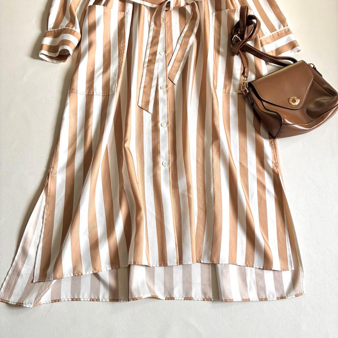 ◆美品◆BEIGE.◆5.3万◆ストライプシャツワンピース◆マキシ丈◆ L