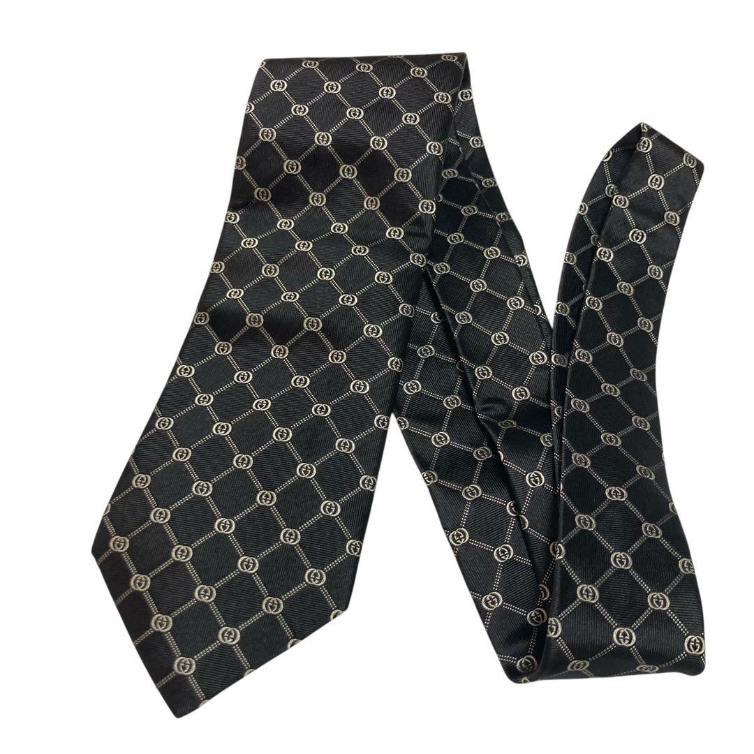 未使用級　GUCCI グッチ　ネクタイ　ブラック　黒　GG柄　インターロッキング