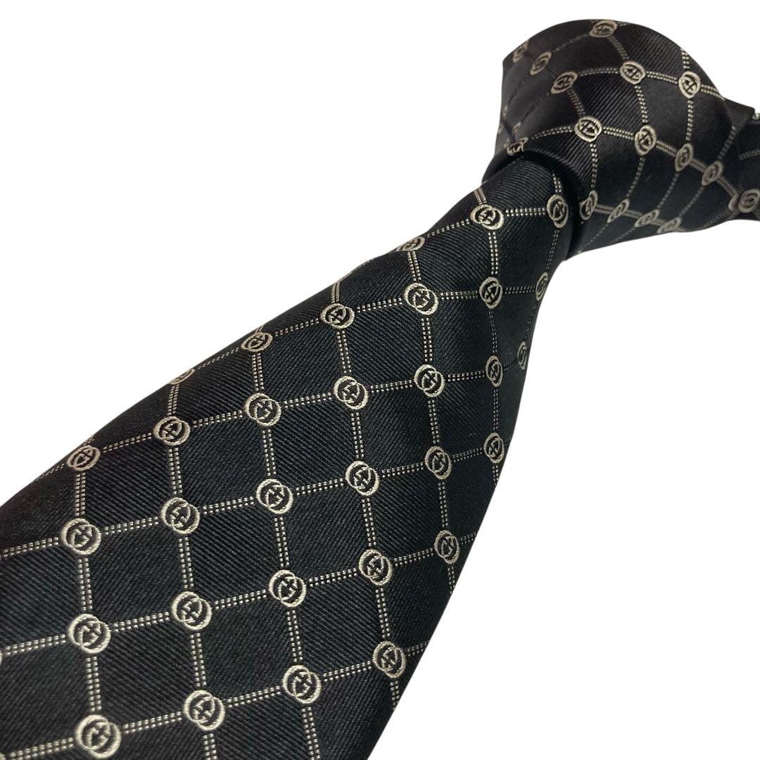 未使用級　GUCCI グッチ　ネクタイ　ブラック　黒　GG柄　インターロッキング