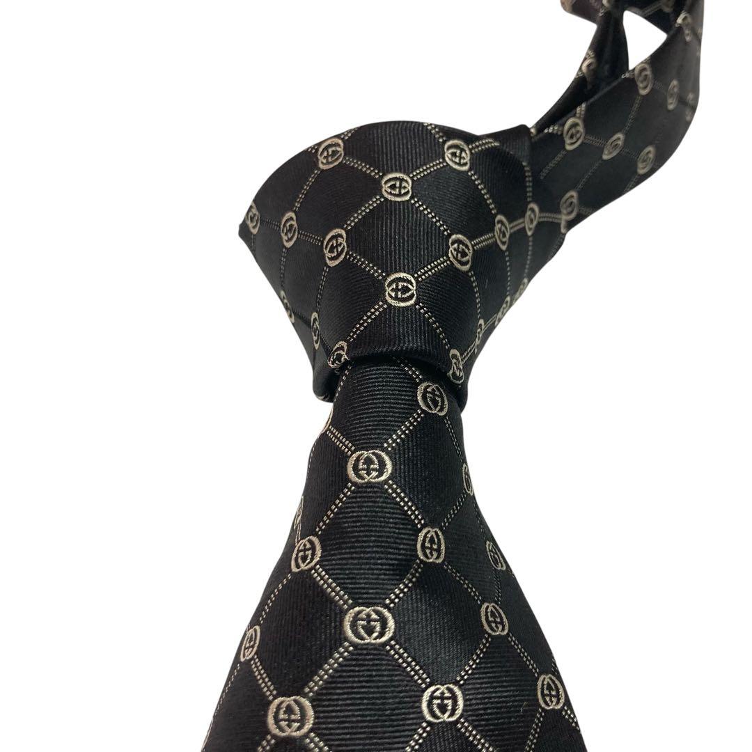 未使用級　GUCCI グッチ　ネクタイ　ブラック　黒　GG柄　インターロッキング
