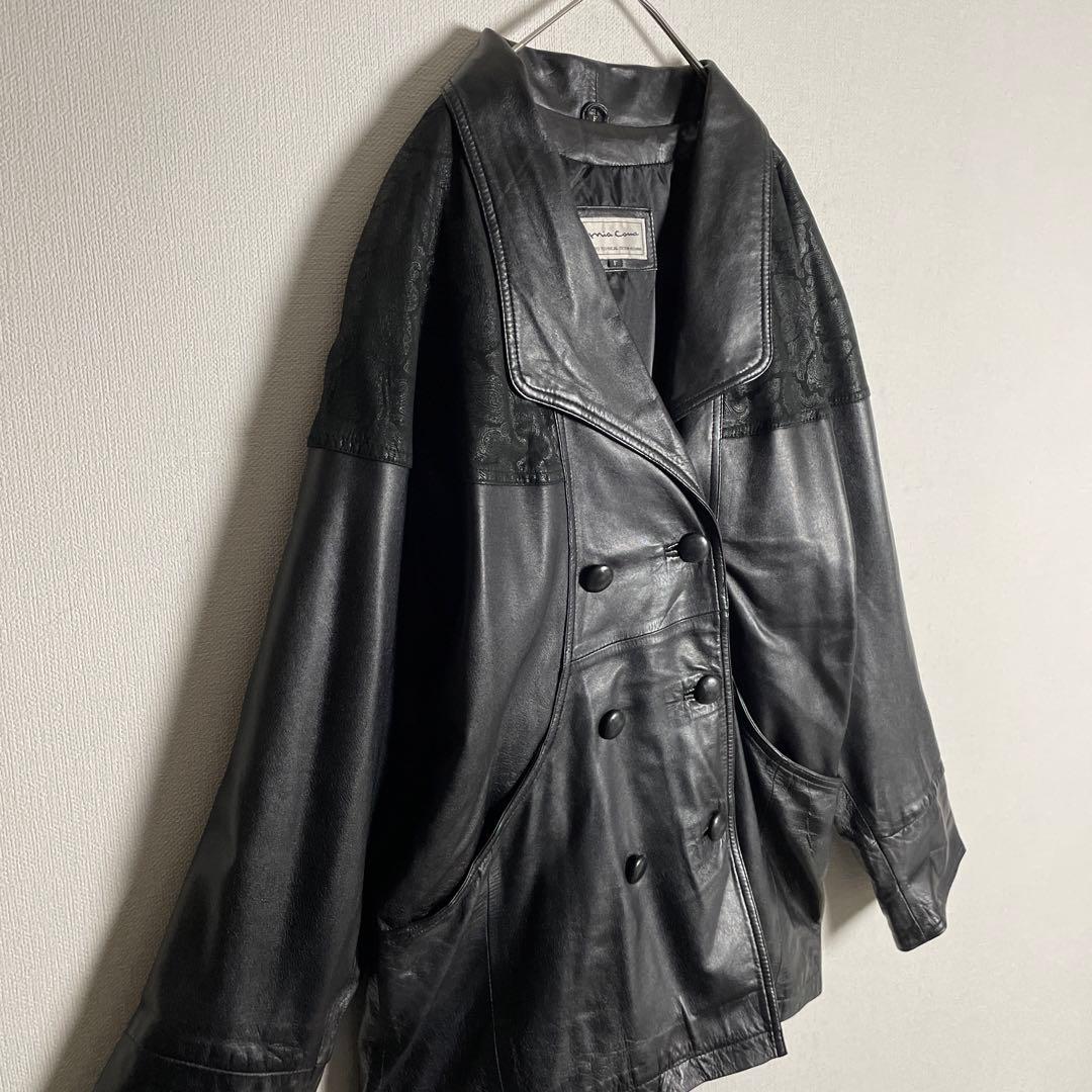 ペイズリー柄　レザージャケット　羊革　本革　希少デザイン　革巻きボタン　黒　古着