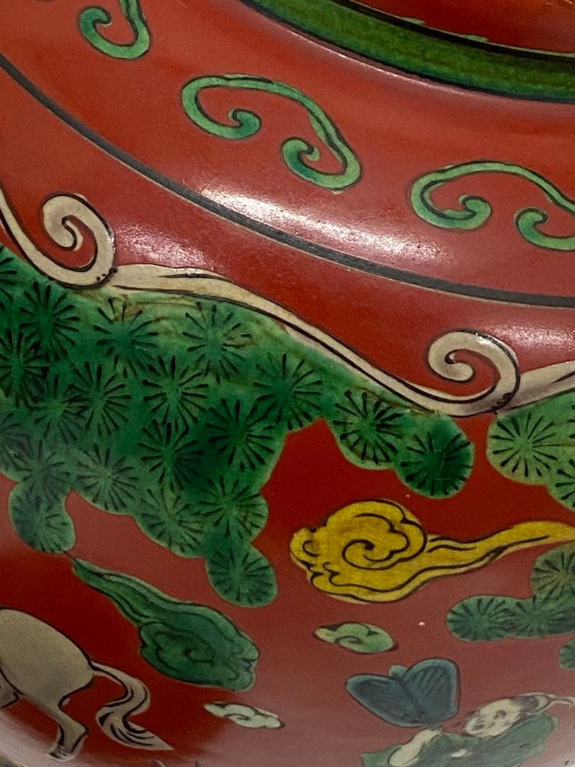 3-2030 九谷焼　木米作　色絵 角福 花瓶 壺 大型 飾り壺