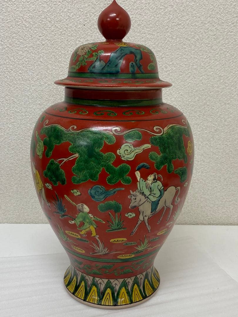 3-2030 九谷焼　木米作　色絵 角福 花瓶 壺 大型 飾り壺