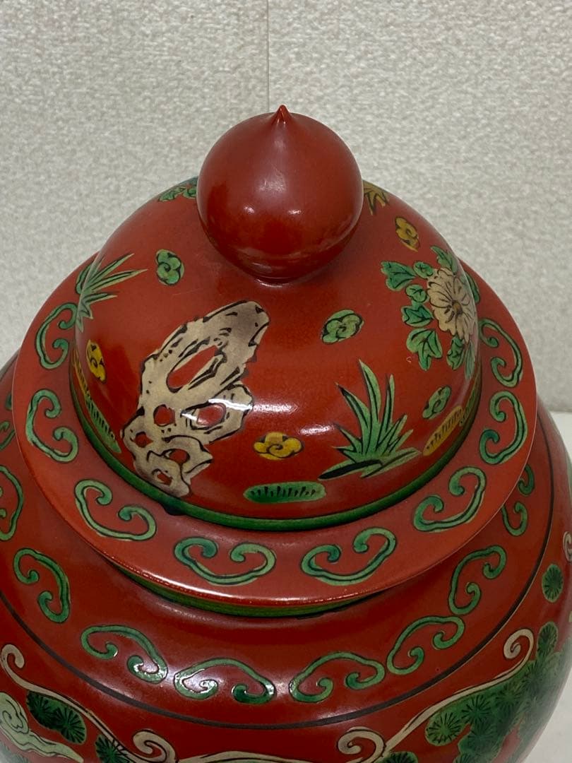 3-2030 九谷焼　木米作　色絵 角福 花瓶 壺 大型 飾り壺