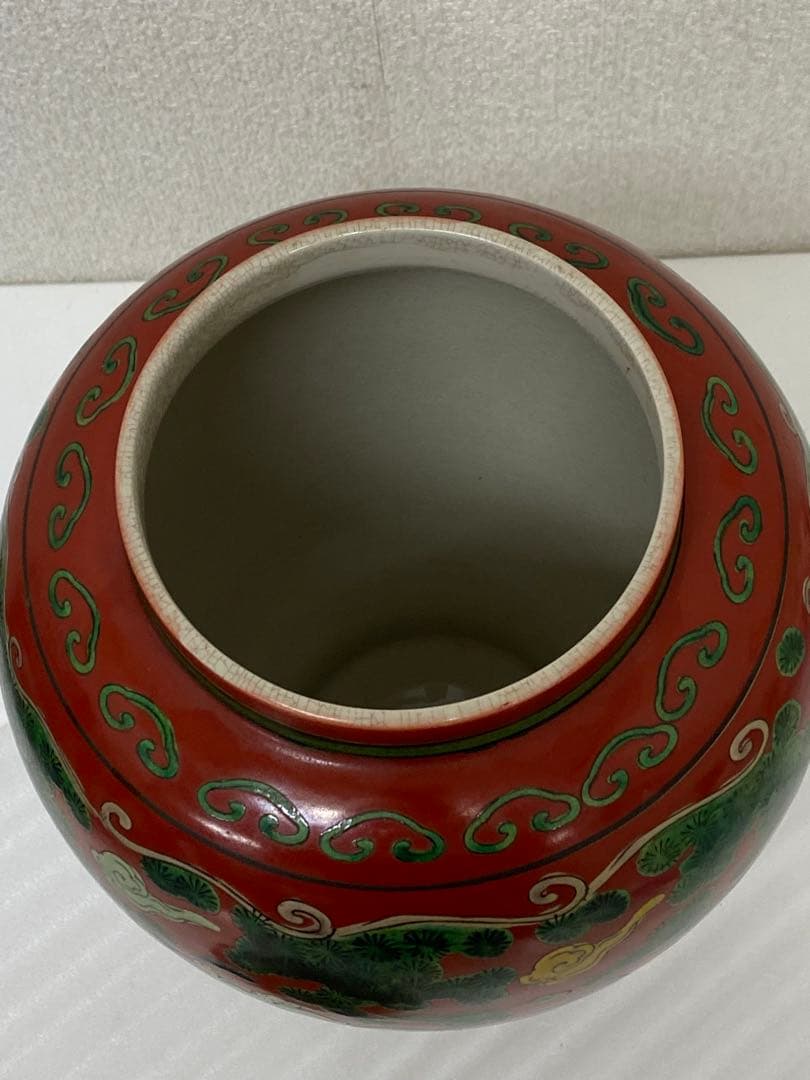 3-2030 九谷焼　木米作　色絵 角福 花瓶 壺 大型 飾り壺