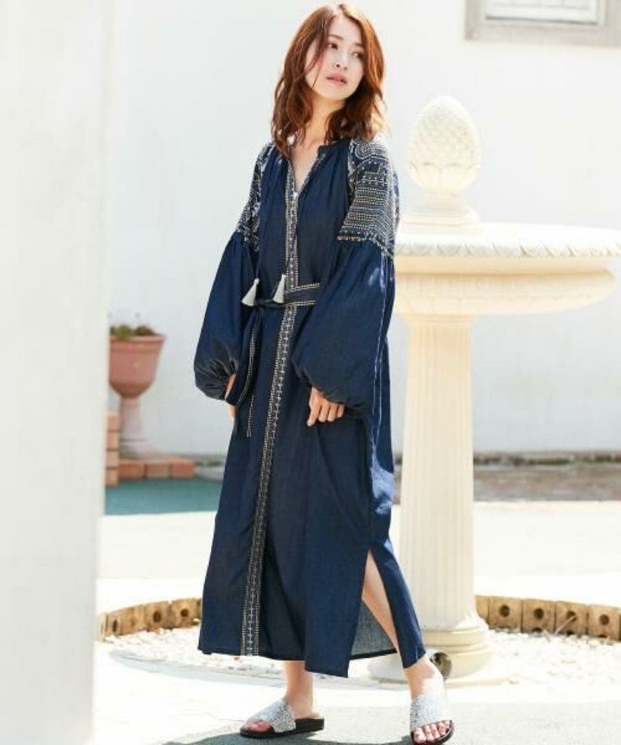 ne Quittez pas ヌキテパ　刺繍　ロングワンピース　インディゴ　棉
