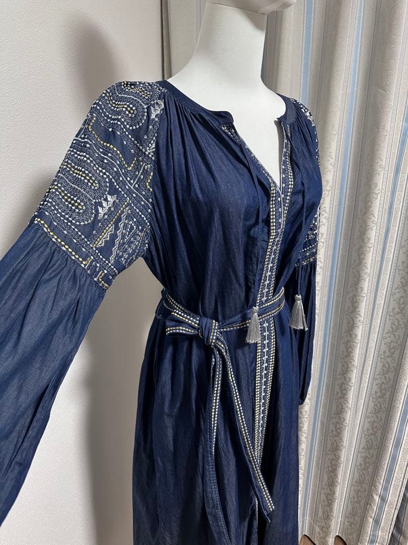 ne Quittez pas ヌキテパ　刺繍　ロングワンピース　インディゴ　棉
