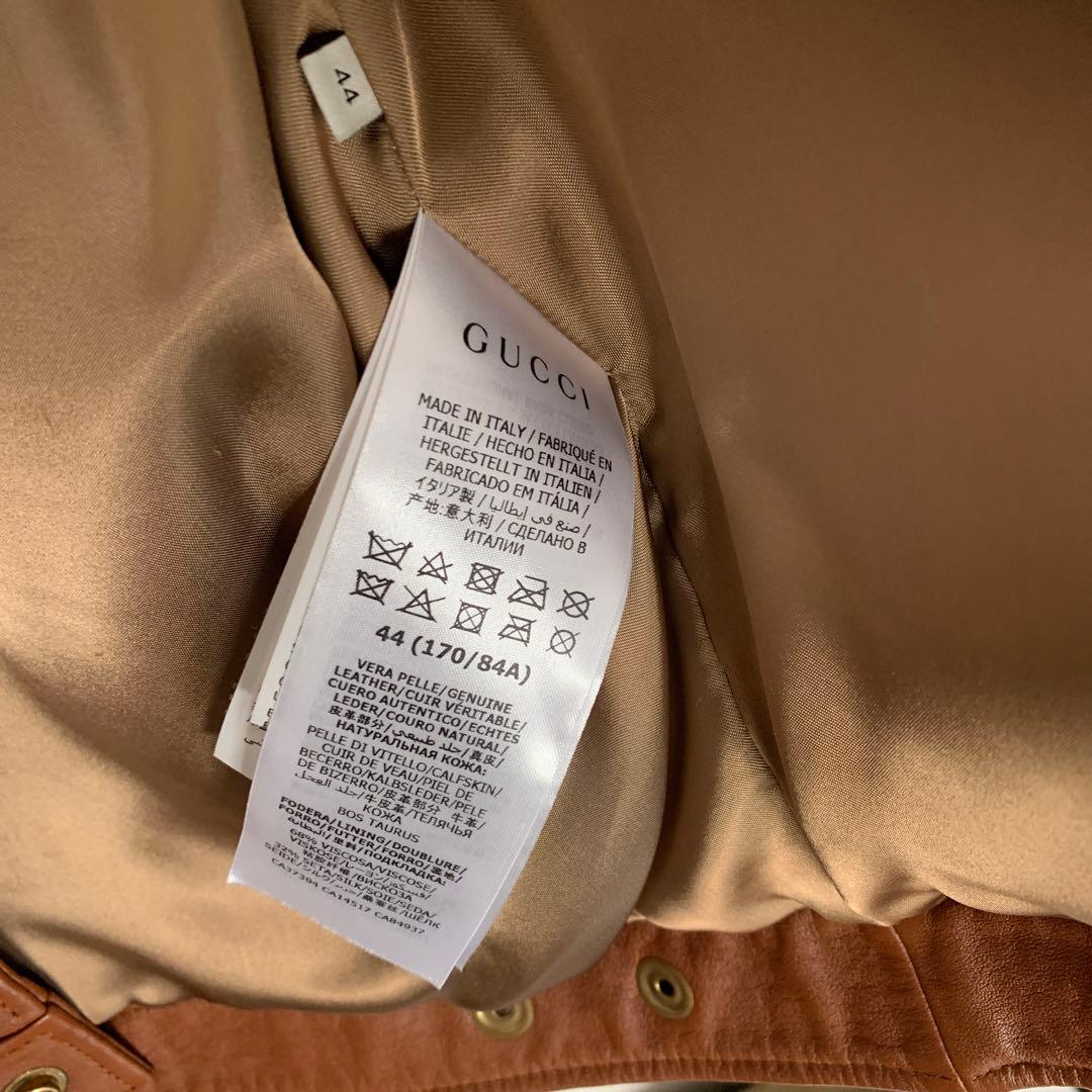 GUCCI レザー　ジャケット　牛革　44 背面　型押し　ビッグロゴ　ブラウン