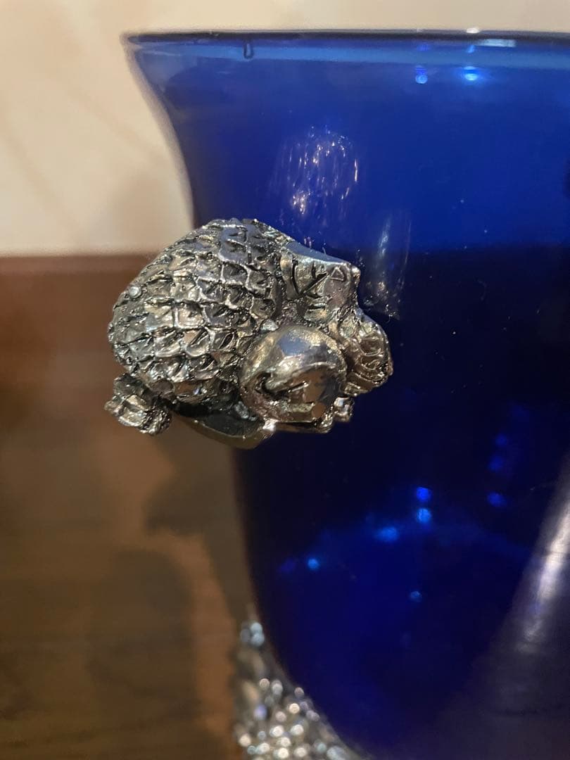 ワインクーラー　花瓶　青色ガラス　ハンドル付き