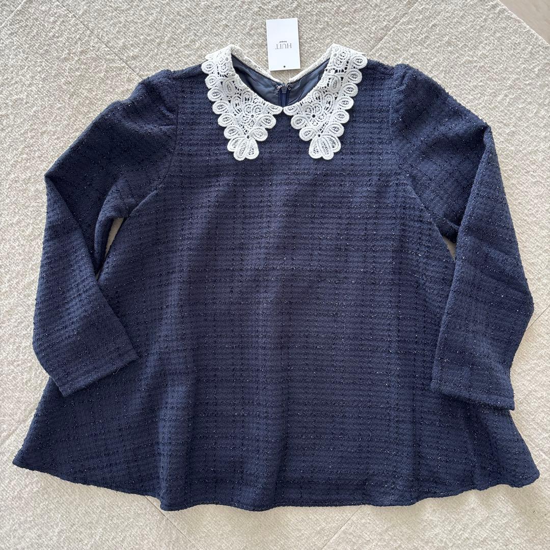 HUIT bouquet レース襟付きスパンコールツイードトップス ネイビーM