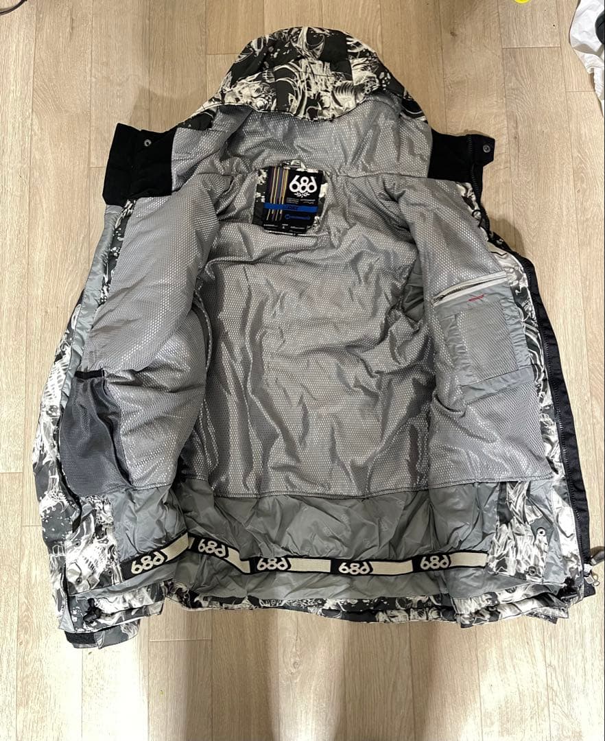 【値下げ】【人気】686スノボウェア上下セット [L]スカル髑髏総柄パンツ青