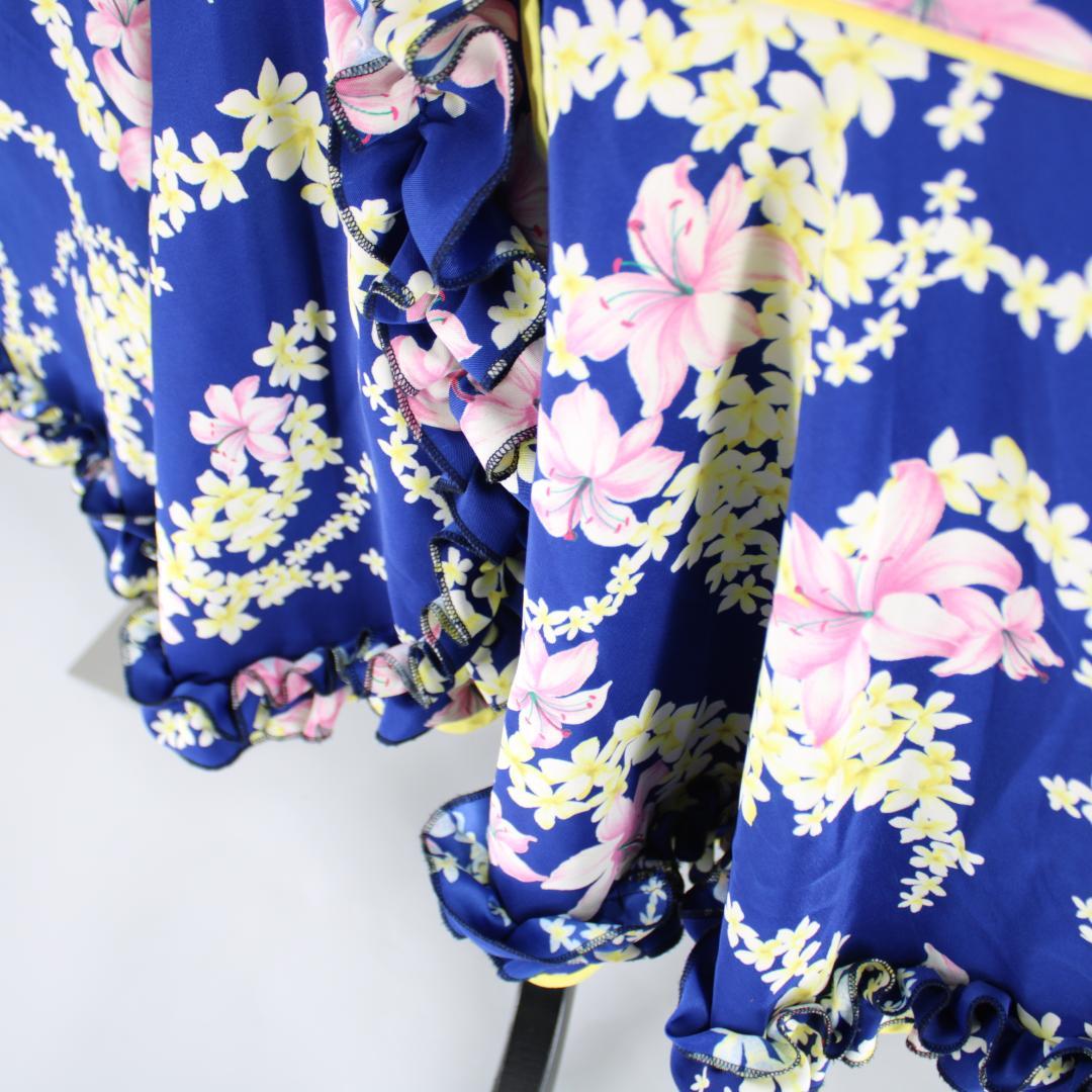 【美品 フラダンス衣装】ブルー ワンピース ドレス ハイビスカス柄 マイレ柄 青