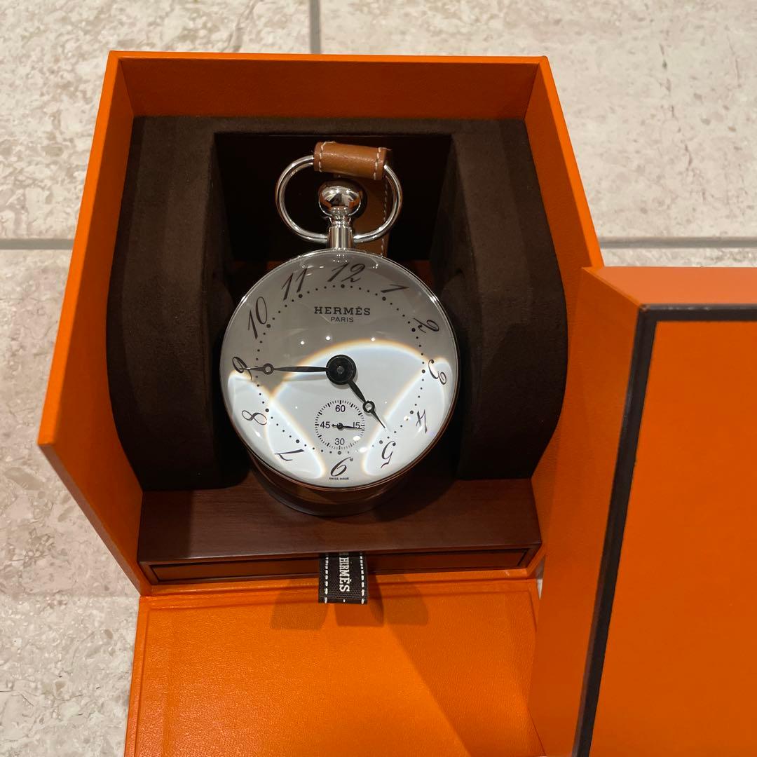 HERMES 置時計 シルバー メタル レザー　時計　手巻き