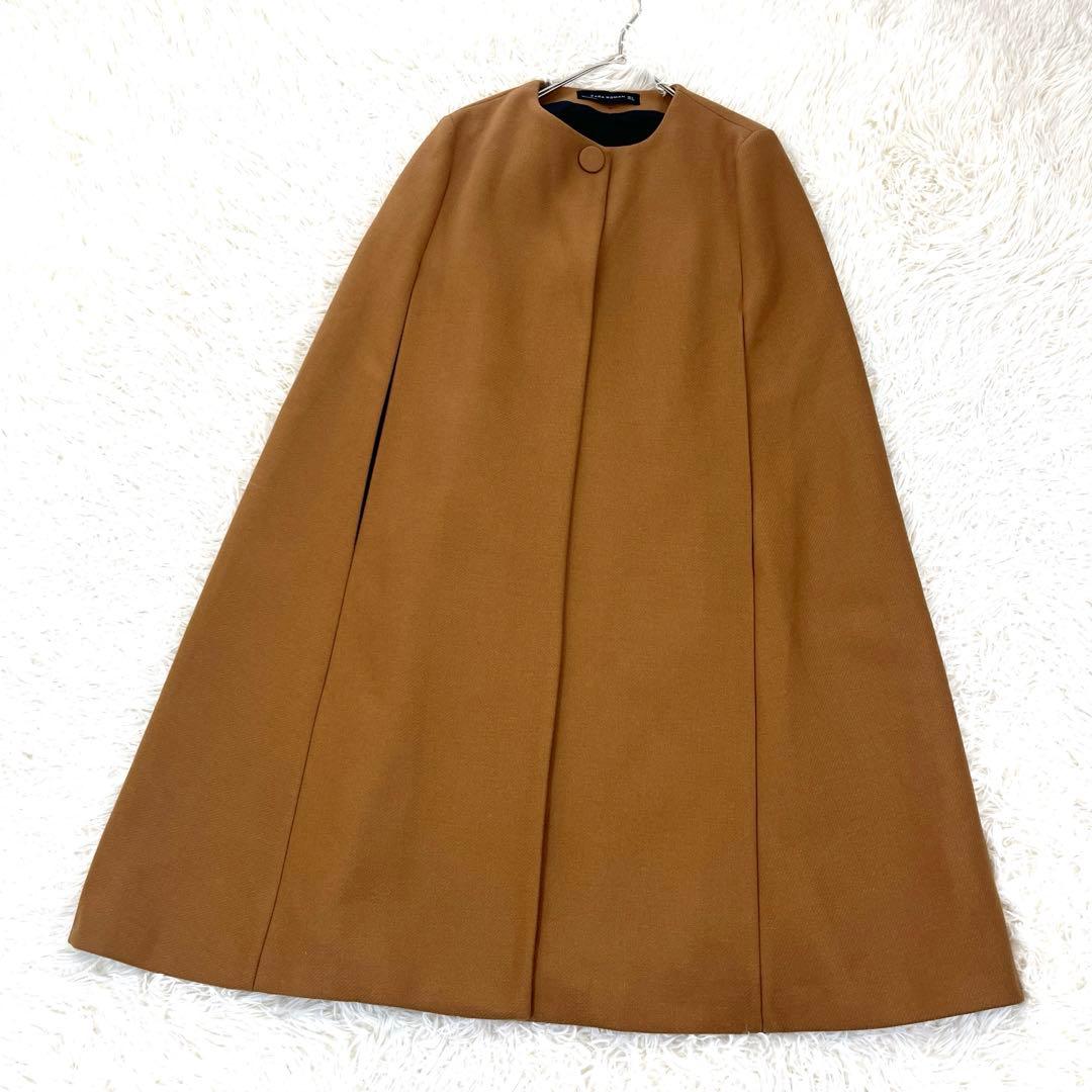 美品 ザラ オーバーサイズ ポンチョ ケープ ノーカラーコート キャメル フレア