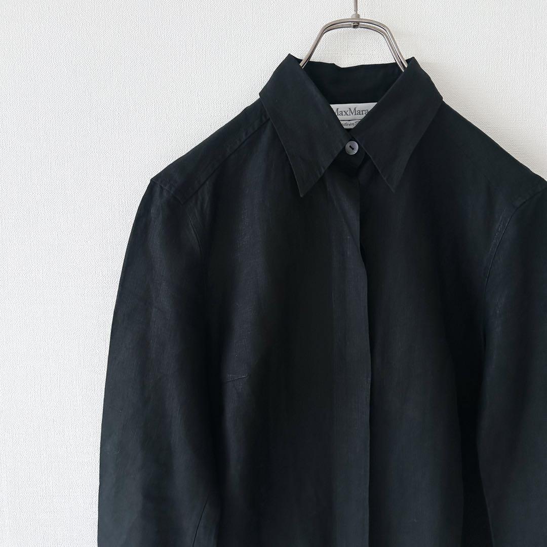 【美品】MaxMara リネン100% ロングシャツワンピース 黒 ブラック