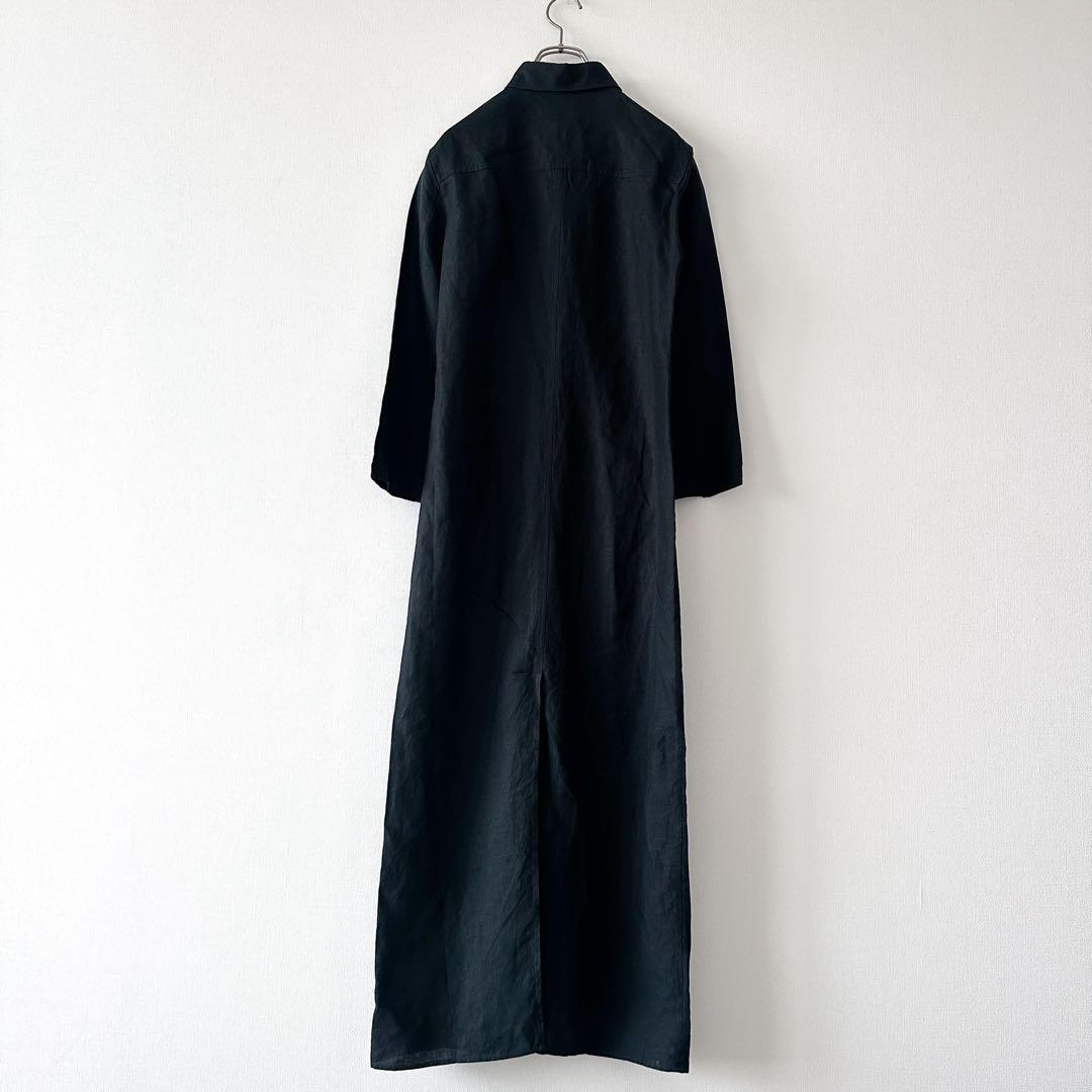 【美品】MaxMara リネン100% ロングシャツワンピース 黒 ブラック