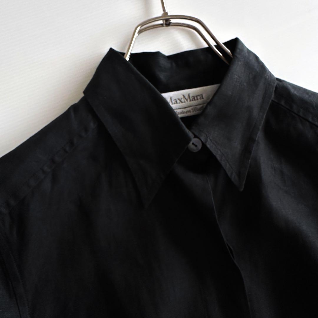 【美品】MaxMara リネン100% ロングシャツワンピース 黒 ブラック