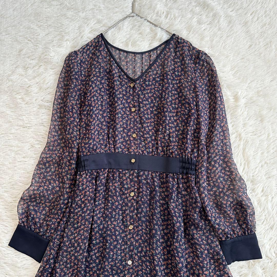LOVELESS 花柄シアー ロングシャツワンピース ペチコート 金ボタン 紺