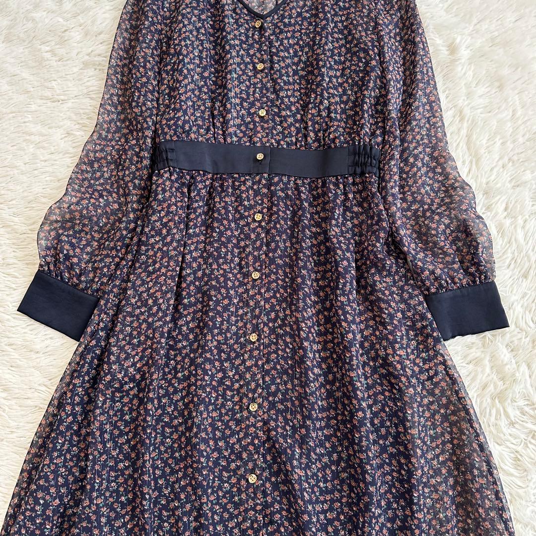 LOVELESS 花柄シアー ロングシャツワンピース ペチコート 金ボタン 紺
