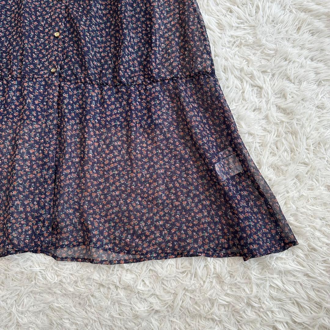 LOVELESS 花柄シアー ロングシャツワンピース ペチコート 金ボタン 紺